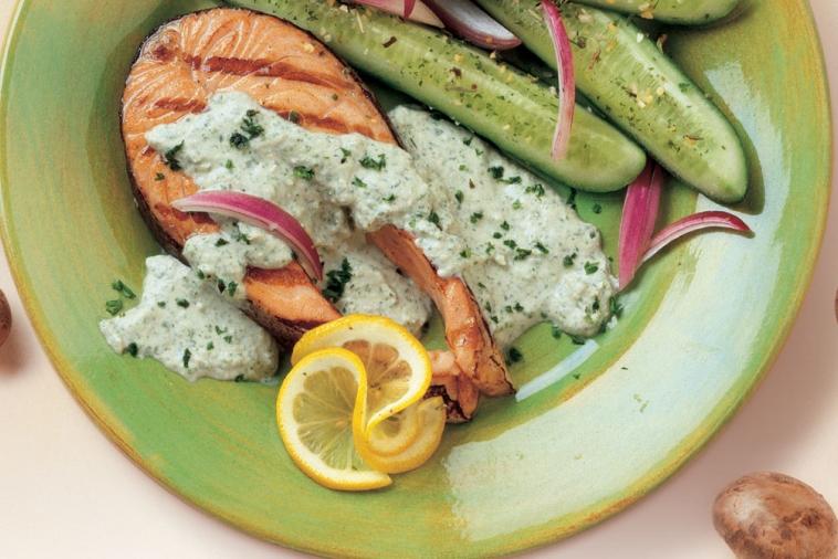 grilled salmon with avocado herb sauce