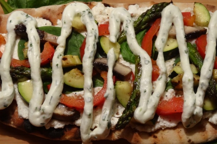 grilled veggie flatbread with pesto whipped cream