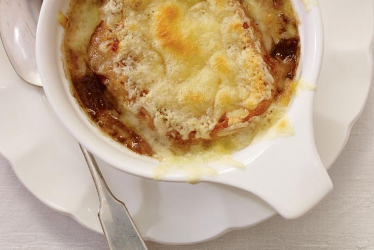 onion soup with sharp cheddar and swiss cheese