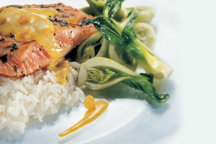 roasted trout fillet with a creamy curry flavoured brie and raisin sauce roasted trout fillet with a creamy curry flavoured brie and raisin sauce