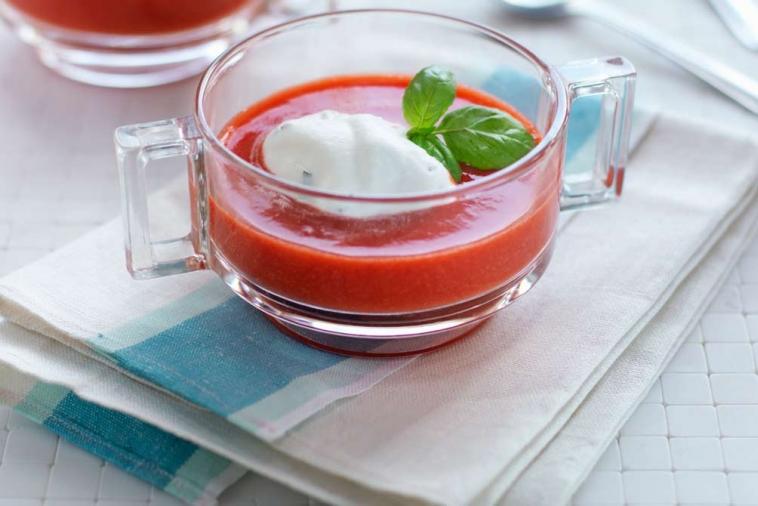 strawberry lime gazpacho with spiked cucumber fresh whipped basil cream