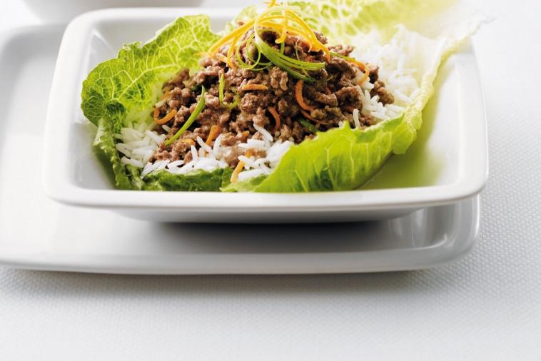 teriyaki beef on lettuce and rice