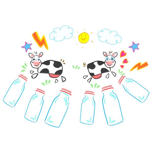    Une illustration de deux vaches qui broutent de l’herbe au-dessus de six bouteilles de lait. Des symboles liés à la température apparaissent en arrière-plan. 