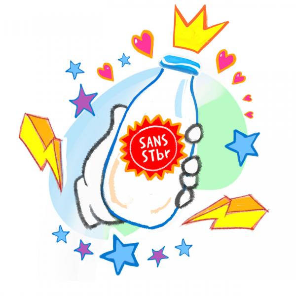 Une bouteille de lait en illustration portant une étiquette « SANS STBR » et une couronne. 