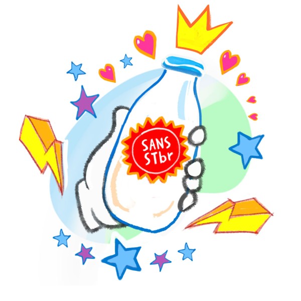 Une bouteille de lait en illustration portant une étiquette « SANS STBR » et une couronne.