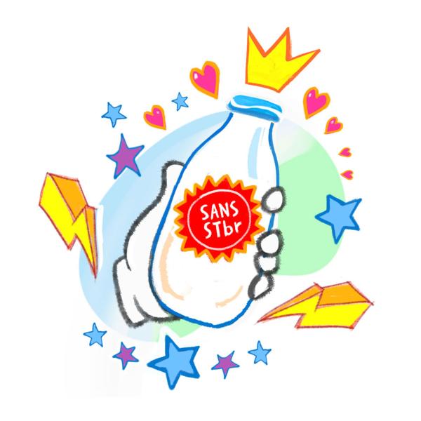 Une bouteille de lait en illustration portant une étiquette « SANS STBR » et une couronne.