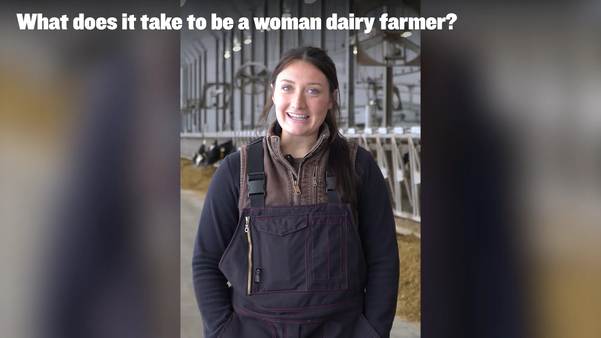 A woman dairy farmer stands in a barn with cows, with the text “What does it take to be a woman dairy farmer?” displayed above.